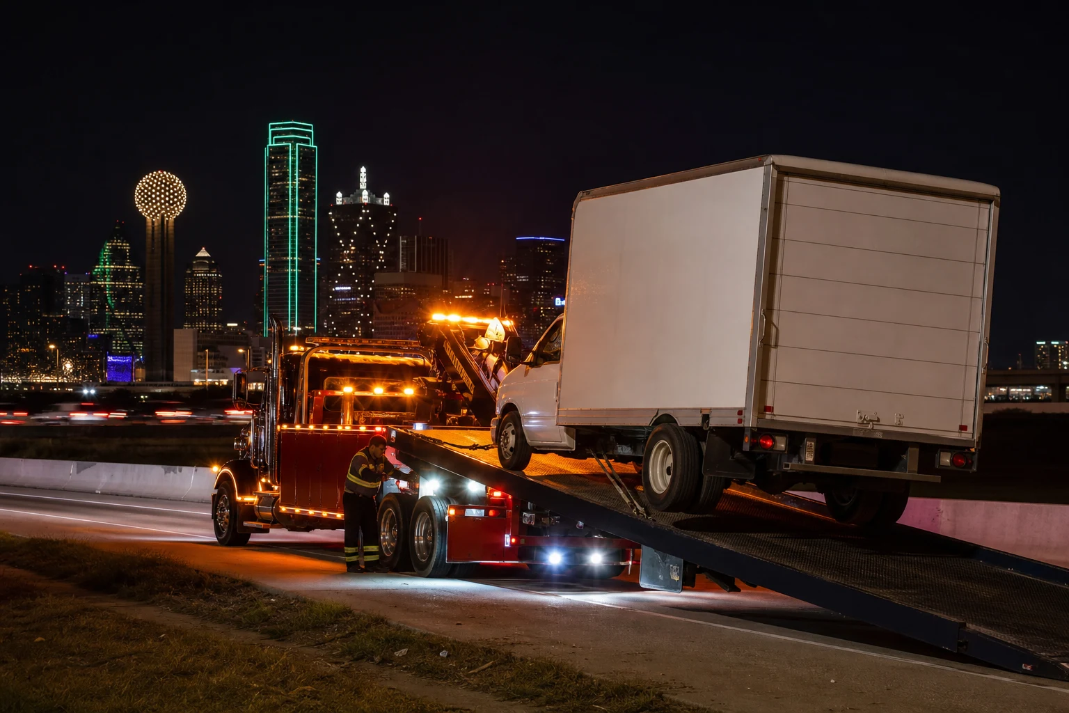 Commercial vehicle towing Dallas heavy-duty rotator loading a box truck at night with the DFW skyline lit up