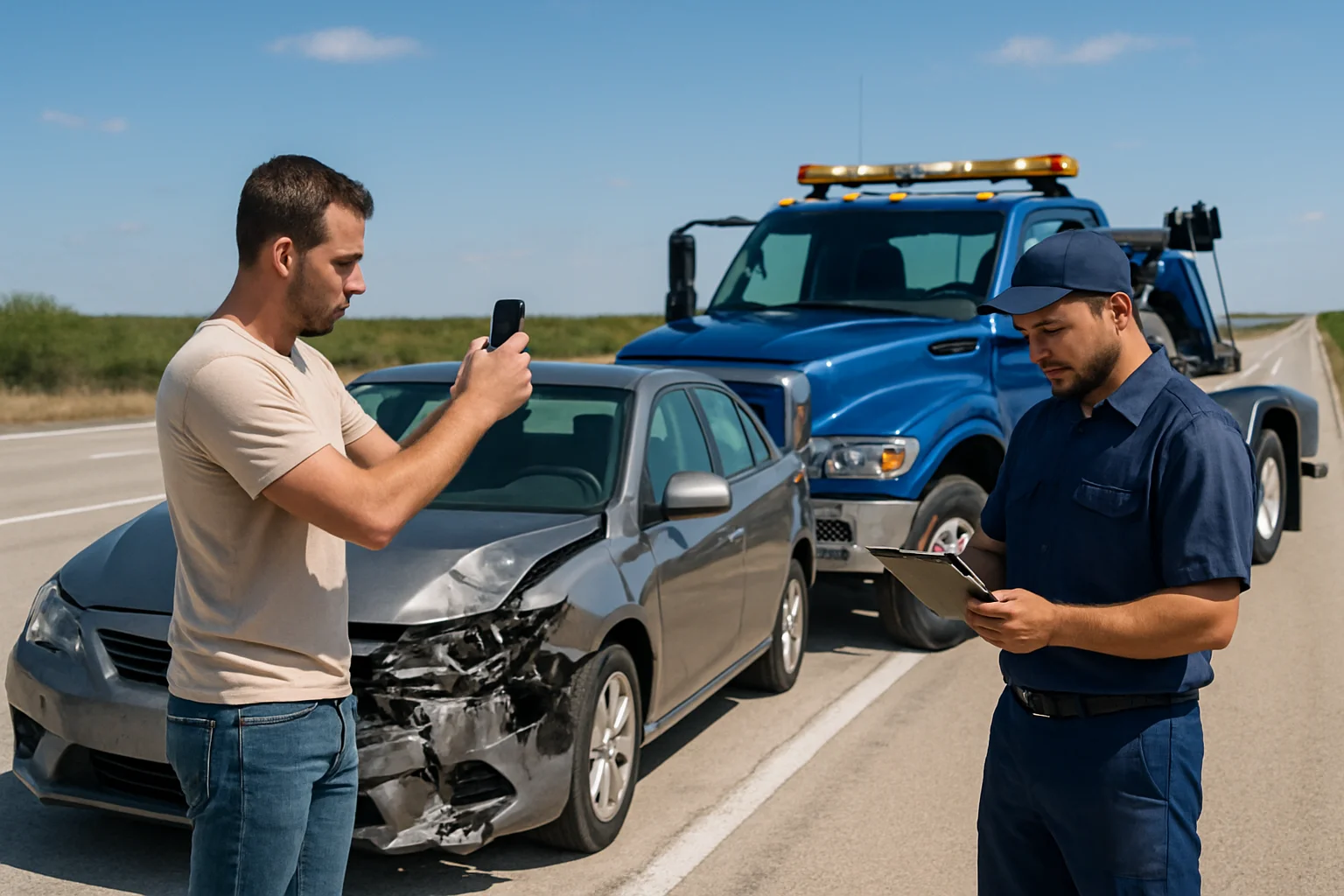Dallas driver photographs a damaged vehicle on a DFW interstate highway shoulder for a towing insurance claim — uniformed Texas Tows crew member reviews paperwork nearby in daylight