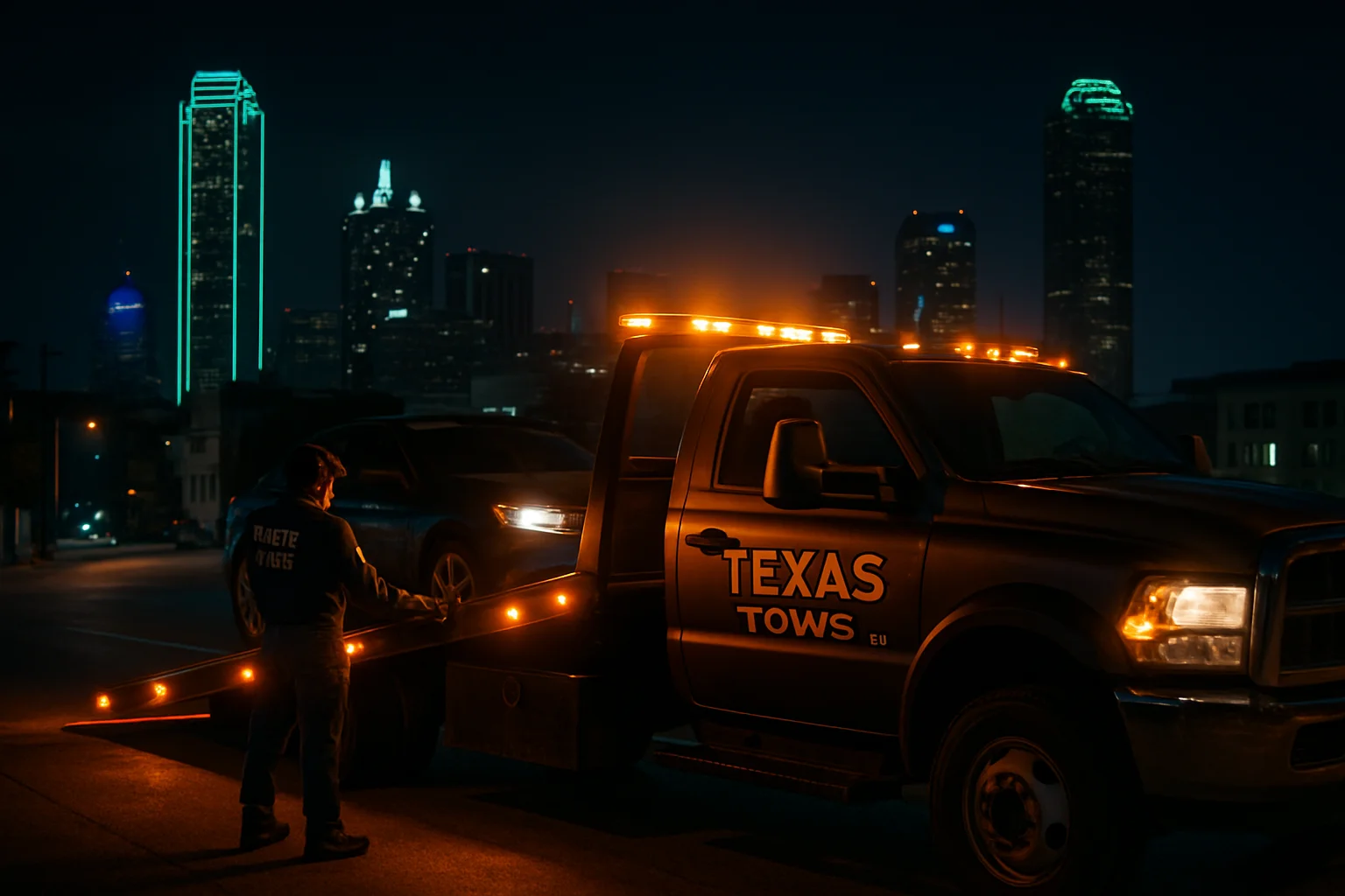 Texas Tows flatbed tow truck with amber emergency lights loading a sedan at night on a Dallas urban street — professional uniformed crew member operating the flatbed in DFW city light