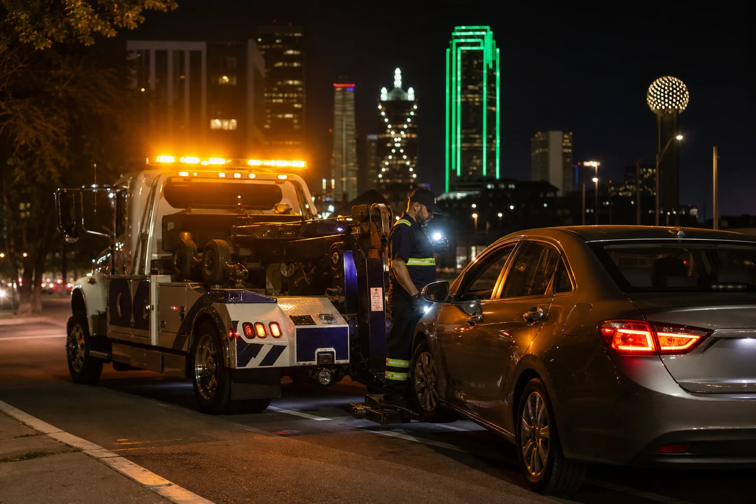 Texas Tows professional towing technician assisting a stranded rental car sedan on a Dallas urban street at night with amber emergency lights