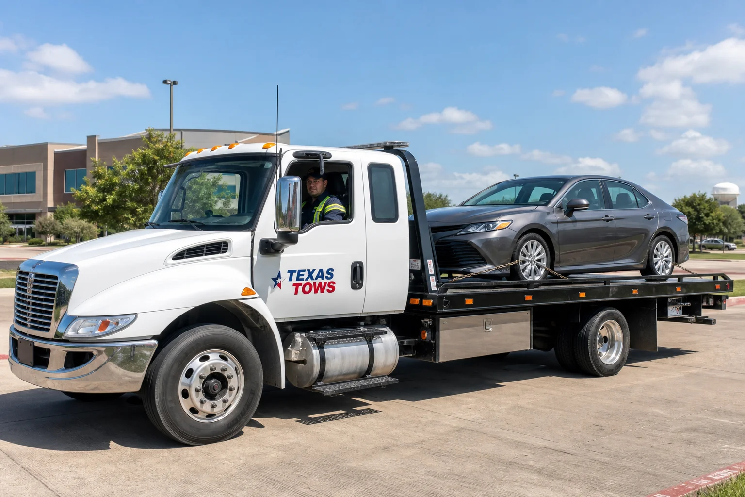 Texas Tows flatbed tow truck with rental car sedan loaded and secured on flatbed platform in Dallas-Fort Worth Texas suburban area — professional daytime towing
