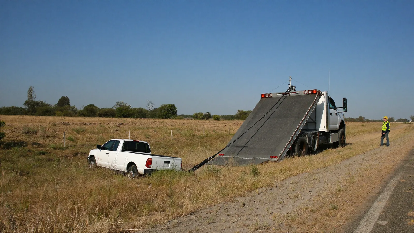 Tow truck winching a pickup out of a roadside ditch