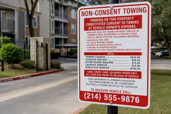 Texas non-consent towing signage posted at apartment complex parking lot entrance in Dallas