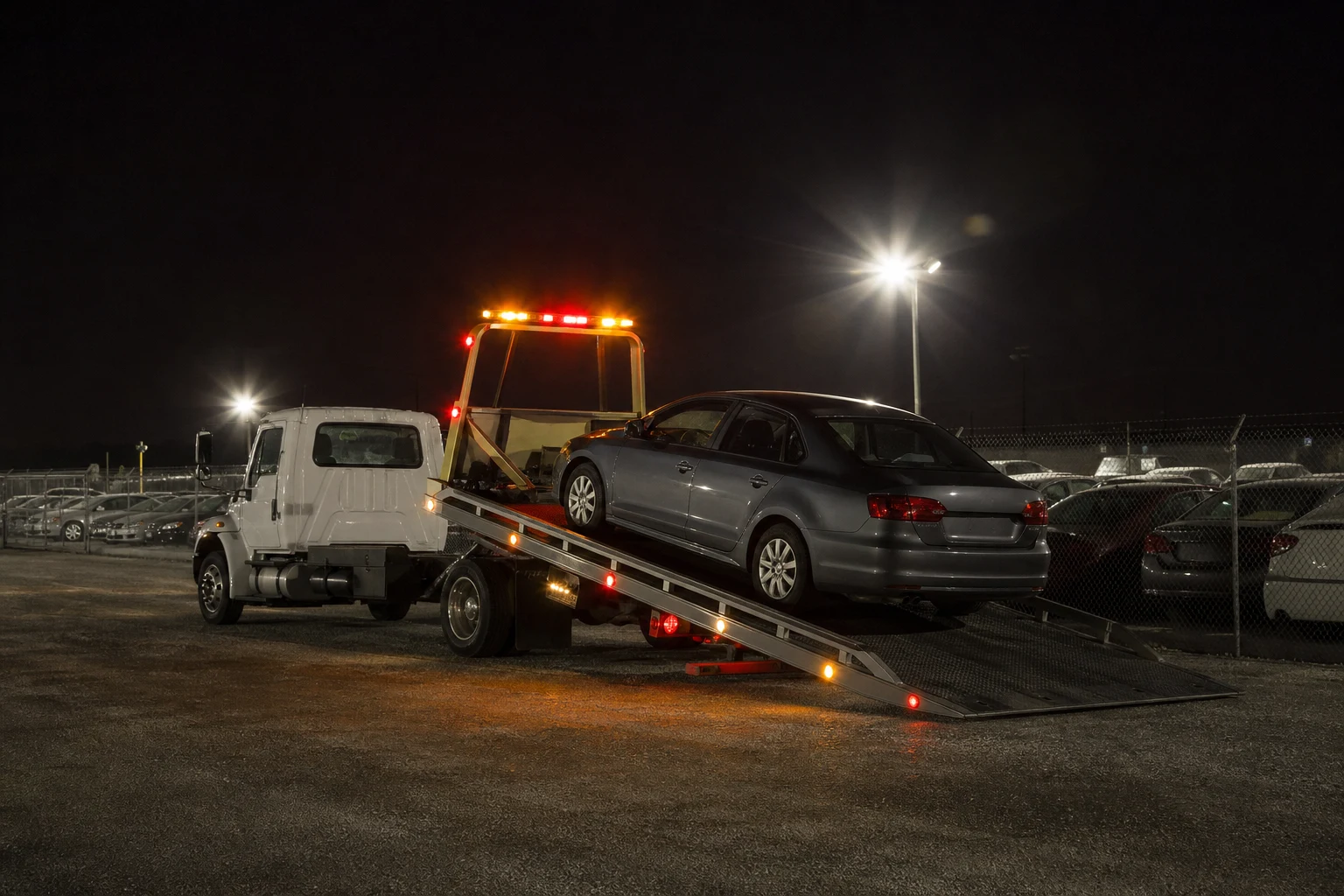 Unclaimed towed car Texas unbranded flatbed loading a sedan at night inside a fenced storage lot