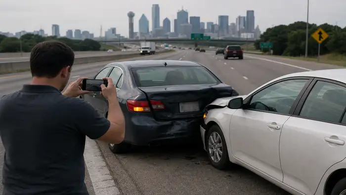 Driver documenting car accident scene on Dallas highway with smartphone