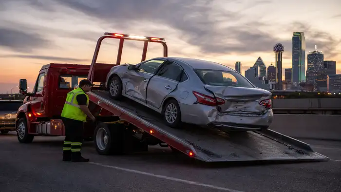 Flatbed tow truck loading crash-damaged car on Dallas Texas roadside